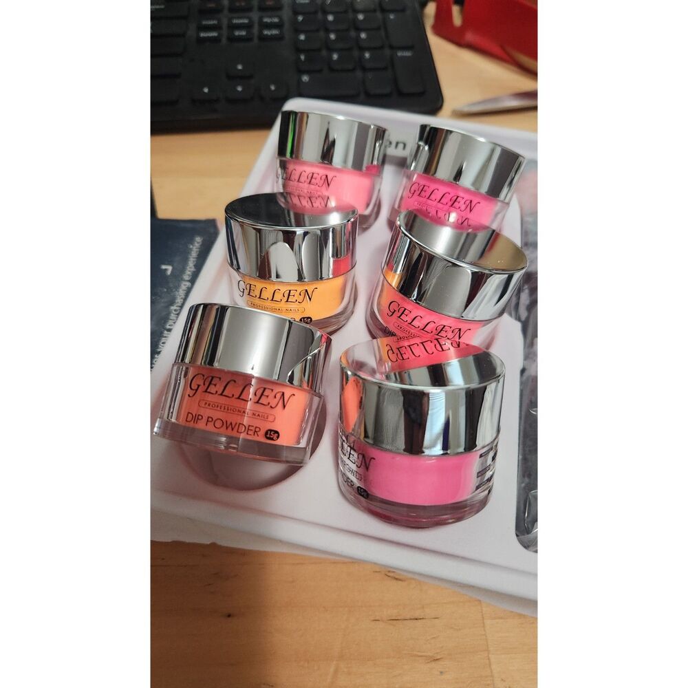 (6) 15g jars of Gellen Professional Dip Powder in bright pink and orange shades